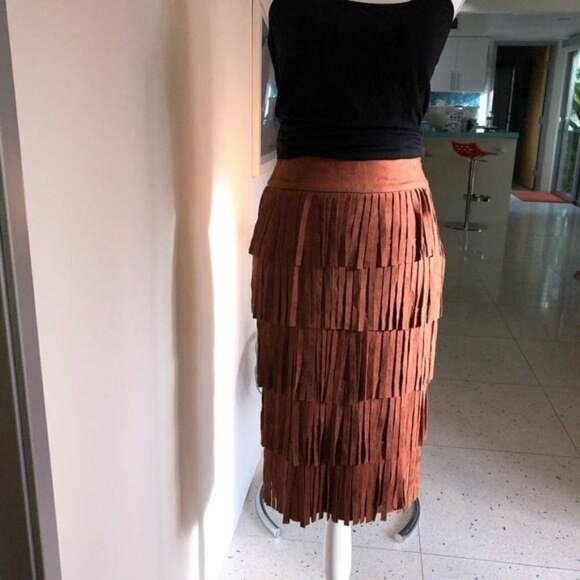 J.O.A. Los Angeles Fringe Skirt Small Brown Lined Hidden Side Zipper Hook Eye - Picture 6 of 10